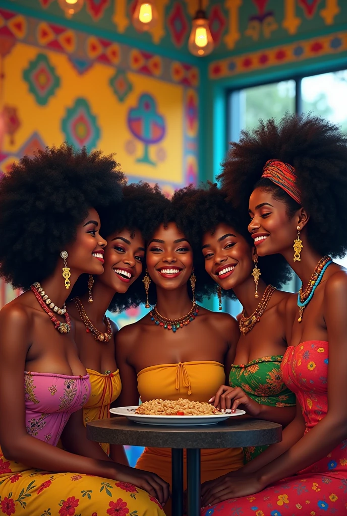 créer une image de cinq copines voulant mettre en valeur leur beaux cheveux crépus, elles sont des afro haïtienne, avec des perles, charbonniers, boucles d'oreilles ankh, habits traditionnels folkloriques.  Elles sont assises dans untestaurant très coloré d Haïti. avec sa  amie Jesula, afro haïtienne, cheveux crépus avec un barrette coloré bien habillé, elles sont très joyeuses.  Sachant que Atabey vodouisante et Jesula protestante. Titre du livre "Les cinq copines pour la vie".