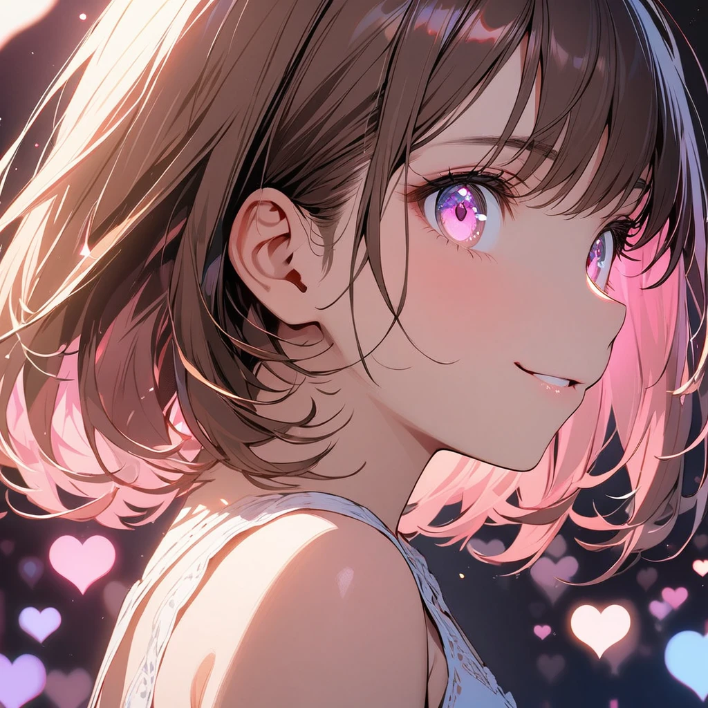 1 girl,solo,close-up shot of ear to neck,ultra-detailed face,detailed eyes,pink eyes,Captivating Eye Reflections,Meticulous Eyelash Details,short hair,straight hair,Glossy brown hair,white camisole,from side,Butterfly Lighting,smile,(pink fluttering-heart background),highly detailed illustration,masterpiece,8K,top quality