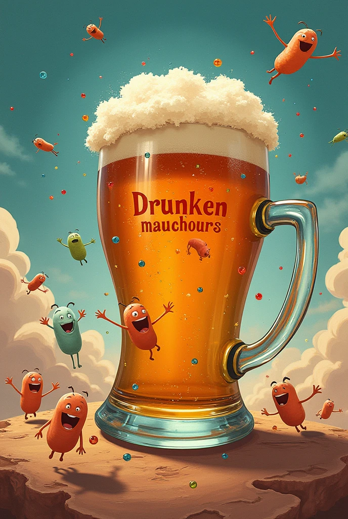 Create a movie cover showing sperm chasing a beer mug and with the title DRUNKEN AND FURIOUS