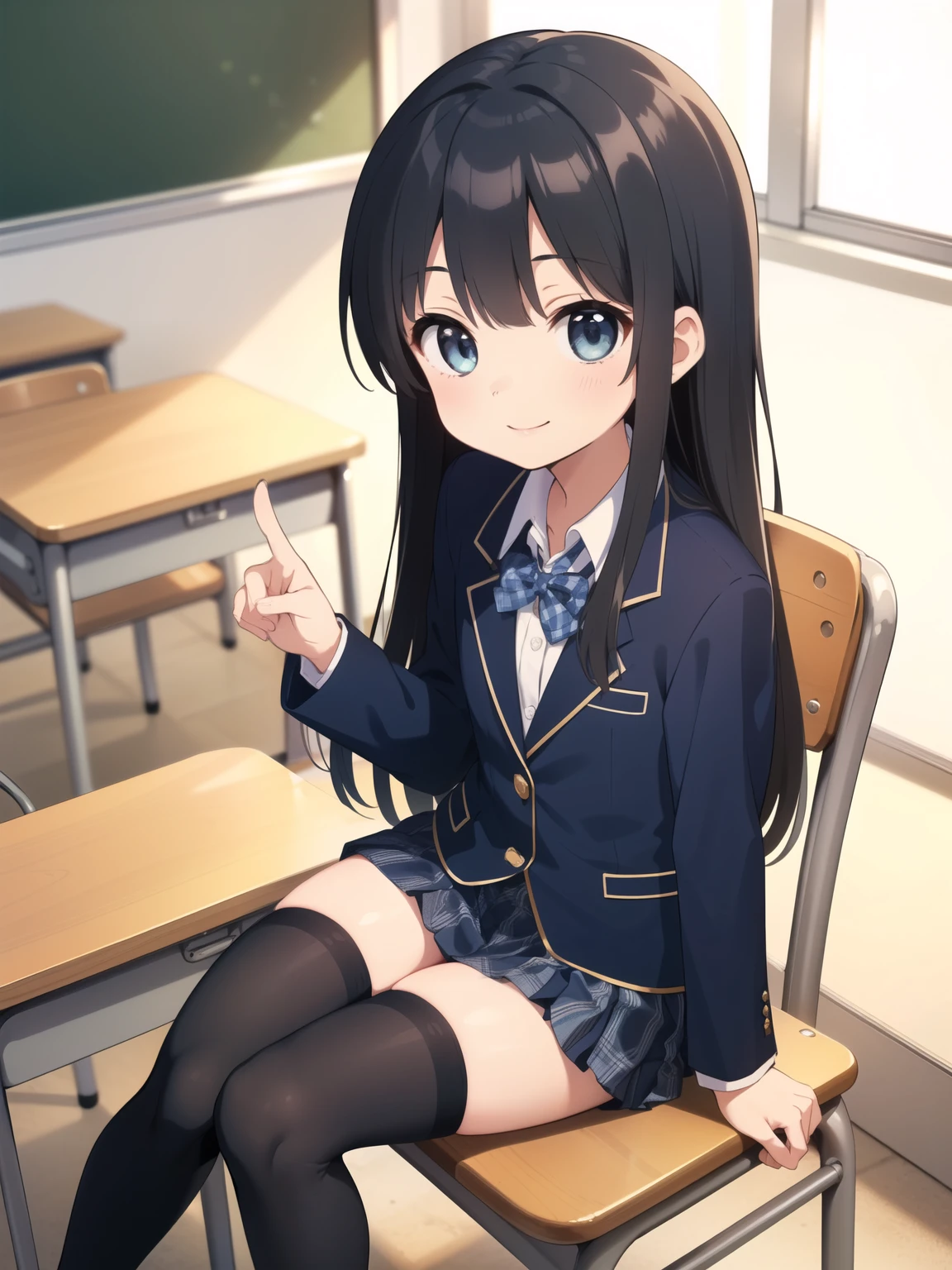 masterpiece, Highest quality,,Small, young and cute、、1 girls、((Black Hair、Long Hair))、Grey Eyes、((((Small breasts、Flat Chest,Too thin, too skinny、Micro Mini))))、Open your mouth,((((Sit on a chair)))),classroom、((((smile)))),((Favorability))、((((Detailed facial depiction,Beautiful Eyes)))) ,((((school uniform、Navy blue blazer、Checkered pleated mini skirt、Black knee-high stockings、loafers)))),((cute pose)),