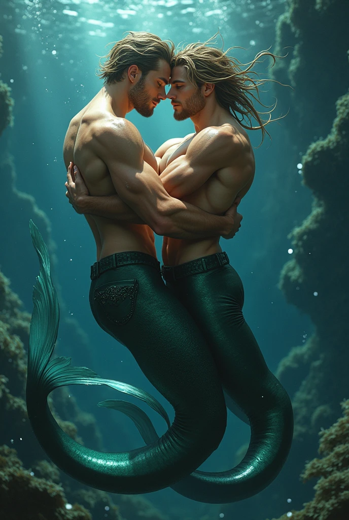 (masterpiece,Distinguished Quality,Mirror-like,Cinematic Experience, insanely detailed,absurdres),8k,(full image shot), the shimmering, iridescent depths of an enchanted ocean, (2 males:1.6),fighting,mesmerizing sirens,(male, with manly mermaid tale:2.0),(male siren),(black metallic manly tale),(manly abs),(all hair types are in),Black hair:2.0),aquamarine eyes gleam with an otherworldly allure, shimmering, crystalline tail glimmers with a soft, ethereal light, beckoning sailors to their doom with a haunting, melodic song that echoes through the mystical, moonlit waves, Imagine the captivating, underwater scene!