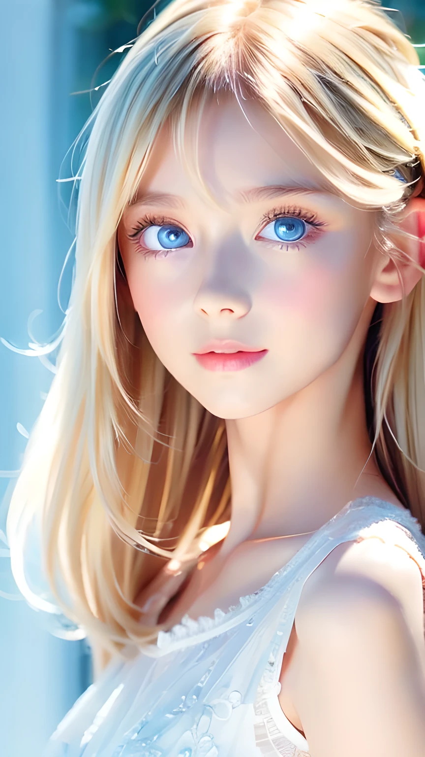 True Photo Quality、A beautiful girl、Extraordinary sexy beauty、Beautiful calm and bright expression、Sexy refreshing look、Perfect beautiful pretty face with bangs、Bangs between the eyes、Super long blonde straight silky hair、blonde on a beautiful face、Very cute beautiful sexy young little woman、Very perfect beautiful cute face、Beautiful, shining, very bright sky blue eyes、Very big eyes、Hair above the eyes、片Hair above the eyes、Hair between the eyes、Very radiant white skin、Cheek gloss、Small Face Beauty、round face