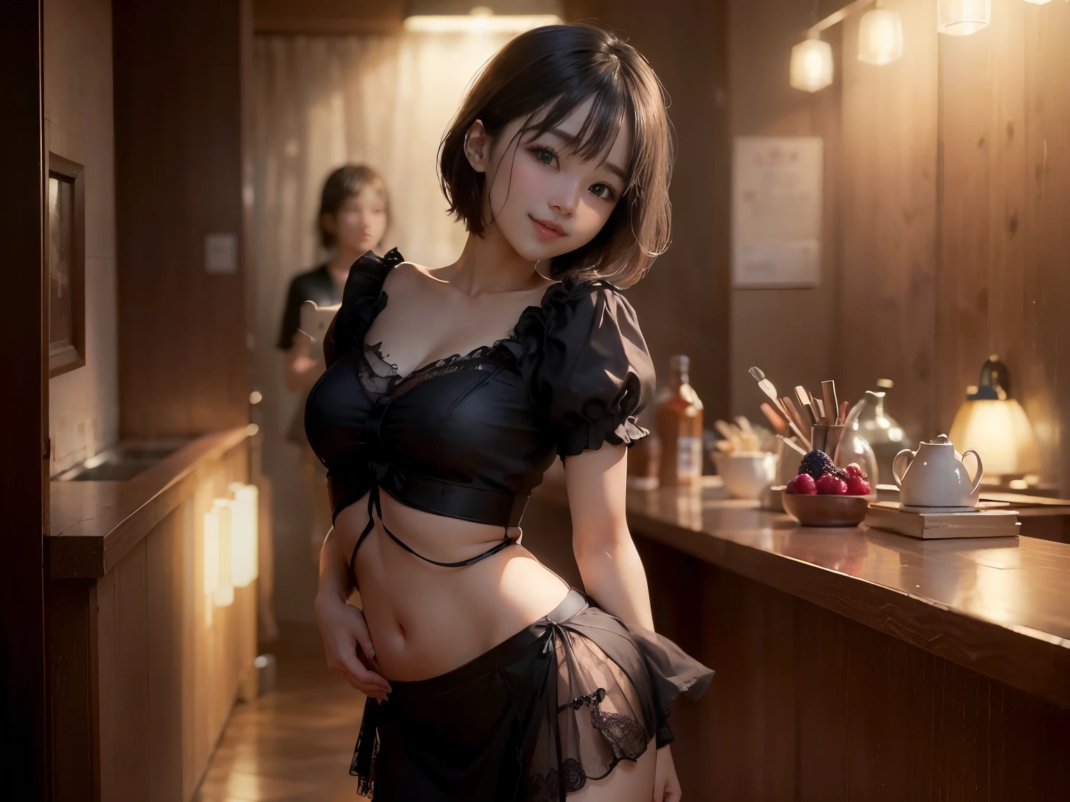 (Highest quality, masterpiece, Ultra-high resolution, 8k, RAW Photos, Realistic, Anatomically correct:1.5), 20-year-old girl:1.2, Embarrassing, avert your eyes, blush:1.0, View Viewer, ((bar)) 、Large windows、Night view、 Light:1.2, Bokeh, Cinema Lighting:1.0, Depth of written boundary, sharp、 Cute Face、Idol、(Black short sleeve lace top)、(Black tulle skirt)、(Purple clothes)、”dwarf”、(Full Body Shot)、(Side angle)、Cowboy Shot、( smile)、((Ultra short hair、Berry Short))、(Straight bangs)、((See-through))、(( One woman))、look back、I can see your belly button、