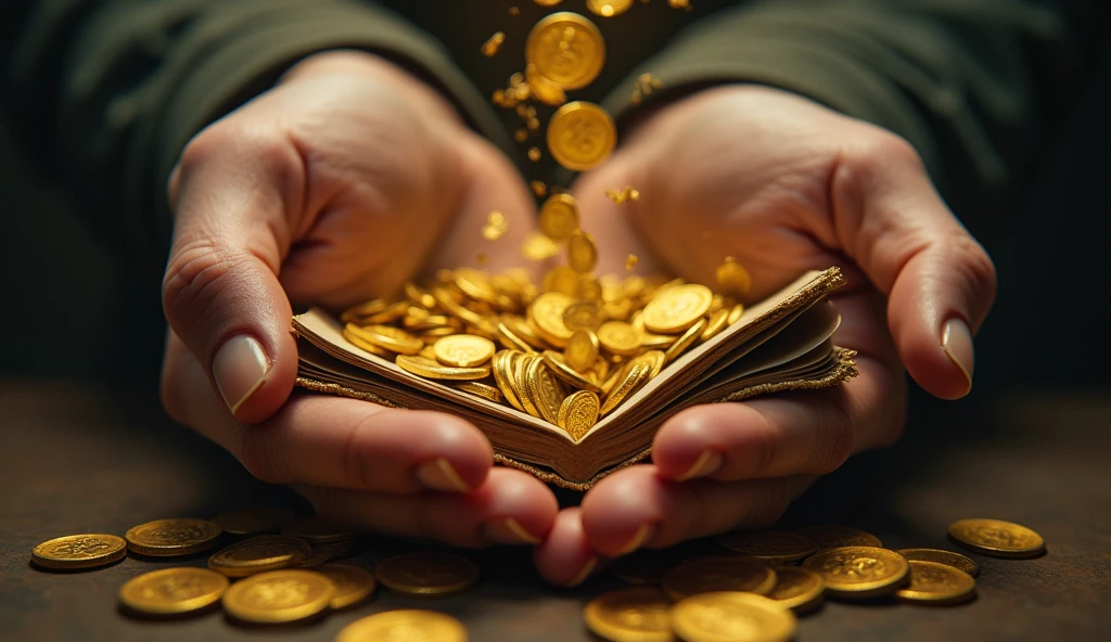 Create a hyper-realistic and mysterious image of a lone hand trying to hold a bunch of gold coins that slip between the fingers, while the other hand firmly holds a book of wisdom. The hand holding the gold must be leaking the coins, showing the difficulty of maintaining wealth without wisdom, while the book is held firmly, symbolizing the stability that knowledge brings. The background should be softly blurred, with a golden light that illuminates the hands and coins, creating a dramatic contrast between the volatility of gold and the solidity of the book.
