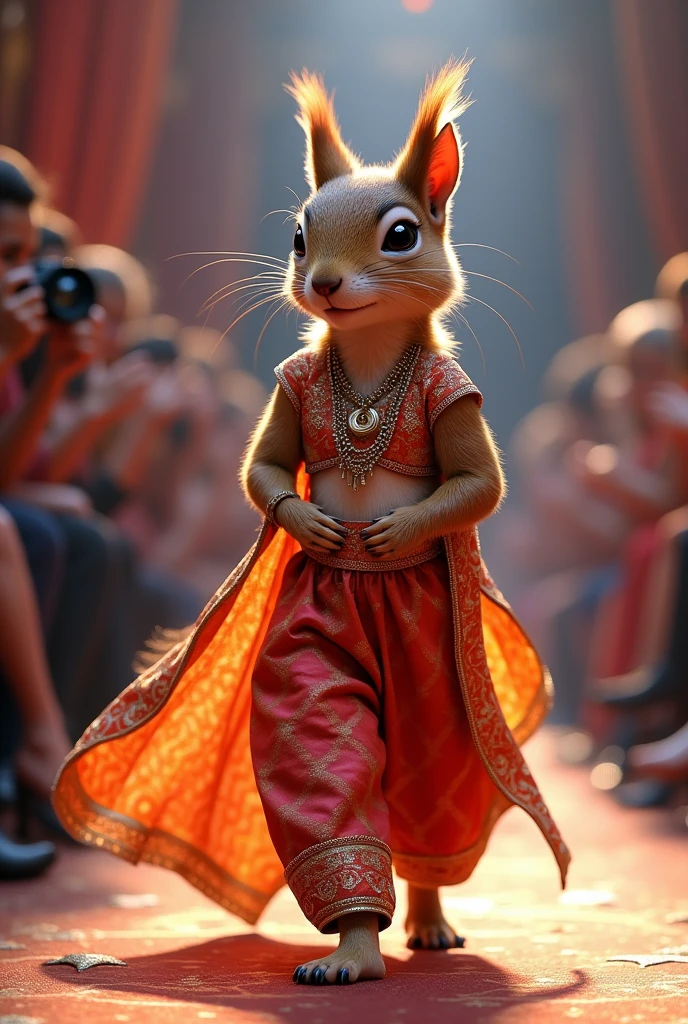A beautiful squirre wearing indian sharara cloth walking down the runaway at a fashion show