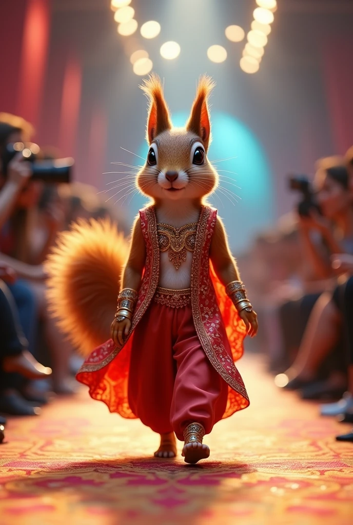 A beautiful squirre wearing indian sharara cloth walking down the runaway at a fashion show