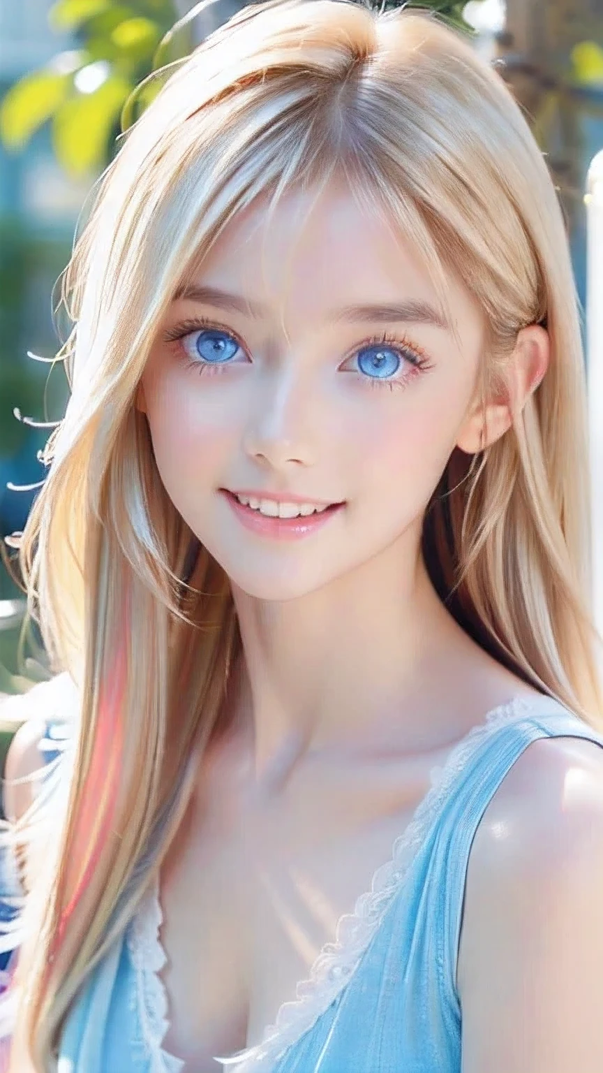 True Photo Quality、A beautiful girl、Extraordinary sexy beauty、Beautiful calm and bright expression、Sexy refreshing look、Perfect beautiful pretty face with bangs、Bangs between the eyes、Super long blonde straight silky hair、blonde on a beautiful face、Very cute beautiful sexy young little woman、Very perfect beautiful cute face、Beautiful, shining, very bright sky blue eyes、Very big eyes、Hair above the eyes、片Hair above the eyes、Hair between the eyes、Very radiant white skin、Cheek gloss、Small Face Beauty、round face