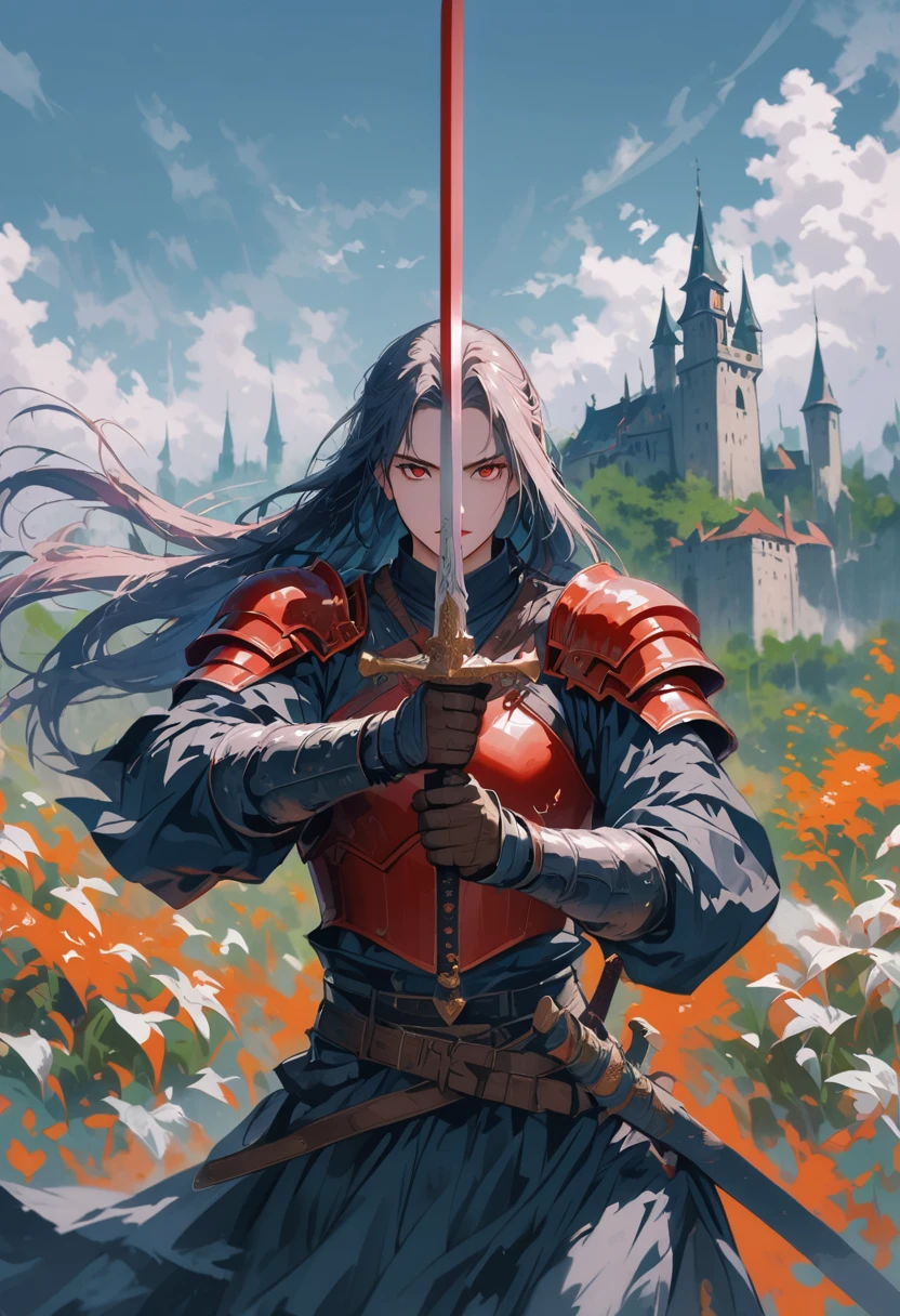 A swordman,medieval art, heroic figure,traditional costume,detailed and sharp sword, intense eyes red eyes and focused expression, dynamic pose, dramatic lighting, vibrant colors, high contrast, epic landscape background, misty atmosphere, action-packed, dynamic brushwork, oil painting style, ultra-high resolution, fine details, professional quality. wearing red armor like madara with black long sleeve t shirt with long black trouser fitness body with muscle look like ff7 sephiroth