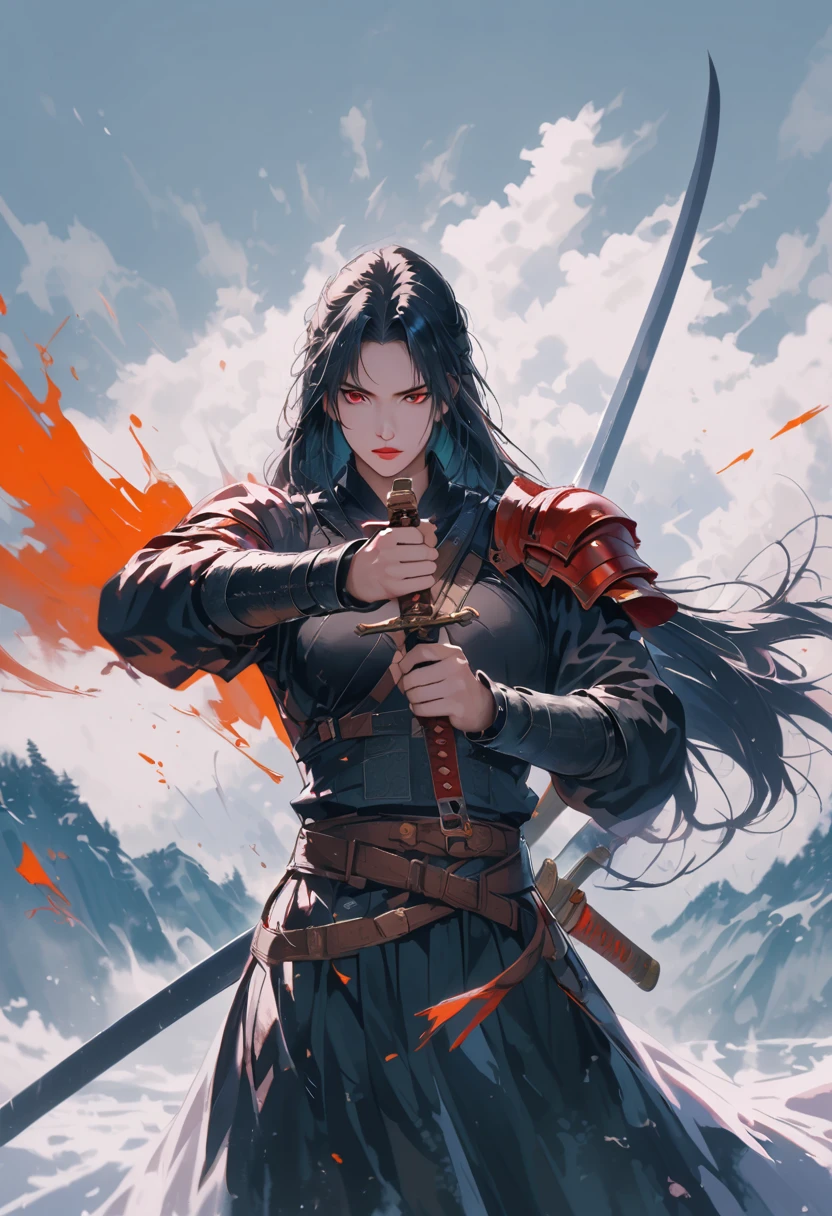 Um Samurai Ronin, has very messy black hair, half curly and loose;, possuo um tampa onho do lado direito com uma ciacrtiz, possui a cor do olho azul claro, usa uma armadura de samurai leve quase inexistente, com uma capa esfarrapada e tem um chapeu circular feito de palha, possui uma palha em sua boca, tendo uma aura seria, visto de corpo todo consegue ver uma katana simples meio desgastada e uma o tanto, possuindo um kimono simples e desgastado preto, com algumas faixas sujas.