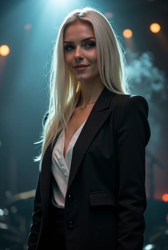 photorealistic portrait of Scandinavian metal band singer (ohwx woman:1.1) wearing an expensive elegant long stylish black dress, suit, white under-shirt, background is a rock stage, long tidy platinum hair, matte make-up, photo-realism, fit, happy, smile, perfect slender face, beautiful eyes, perfect eyes, looking at camera, spotlights, smoke, dramatic lighting, epic, [[goth style]], vignette
