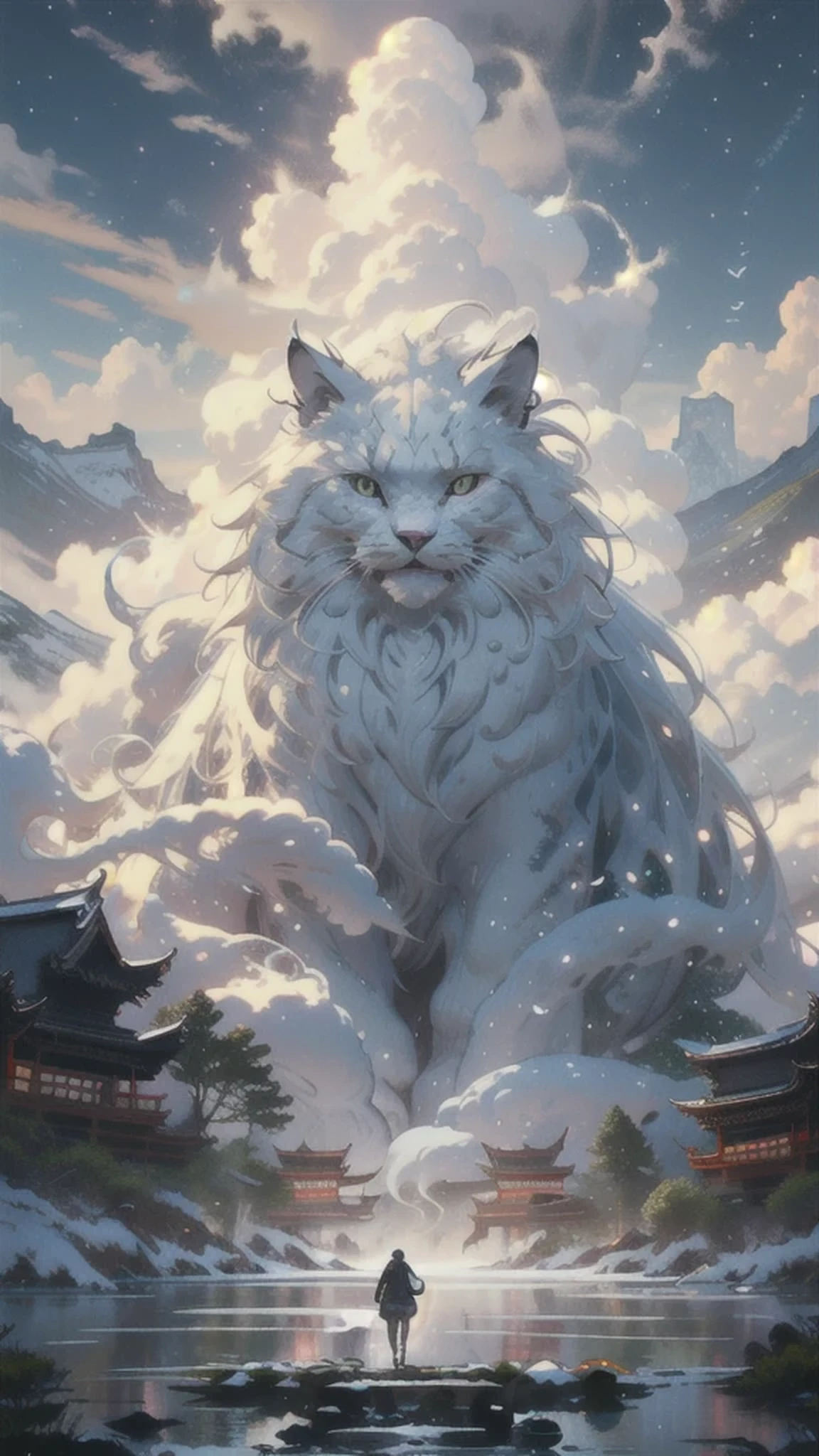 BJ_Sacgreen_bEast,green_eye,Outdoor,Horn,null,cloud,no_human,bird,cloudy_null,scenery,stage,Fantasy,Norwegian Forest Cat,architecture,East_Asian_architecture,Eastern_Norwegian Forest Cat,Cinema Lighting,Strong contrast,High level of detail,Highest quality,masterpiece,