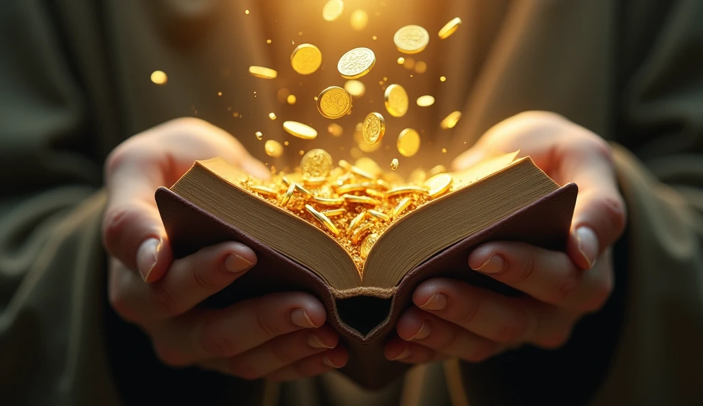 Create a hyper-realistic and mysterious image of a lone hand trying to hold a bunch of gold coins that slip between the fingers, while the other hand firmly holds a book of wisdom. The hand holding the gold must be leaking the coins, showing the difficulty of maintaining wealth without wisdom, while the book is held firmly, symbolizing the stability that knowledge brings. The background should be softly blurred, with a golden light that illuminates the hands and coins, creating a dramatic contrast between the volatility of gold and the solidity of the book.