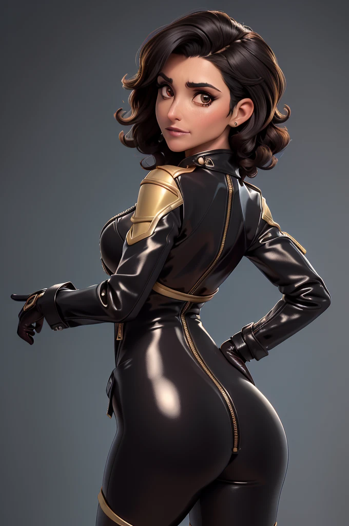 obra prima, melhor qualidade, ((only one woman,)) ((julia louis dreyfus, dark tan skin, short black curly hair, heavy makeup eye shadow, mouth open,)) (((wearing thigh length black pvc jacket,))) (((jacket is zipped up, jacket covers waist and ass,))) ((jacket has stiff high collar,)) ((gold pvc gloves,)) body is very skinny, standing up, (((arched back, shoulders leaning way back, hips twisting, head tilted way back, chin up,))) ((camera back view, extreme closeup view of upper body,)) shallow depth of field, highres, HD, 8k, anatomically correct