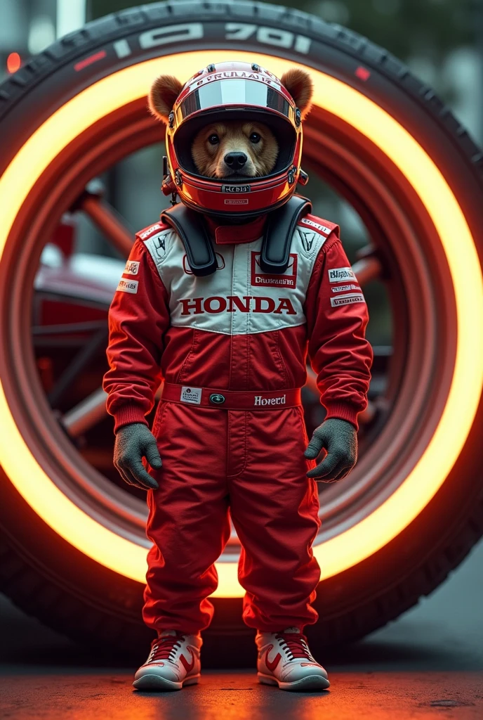Bear dressed as Honda Formula 1 driver behind Audi headlight.