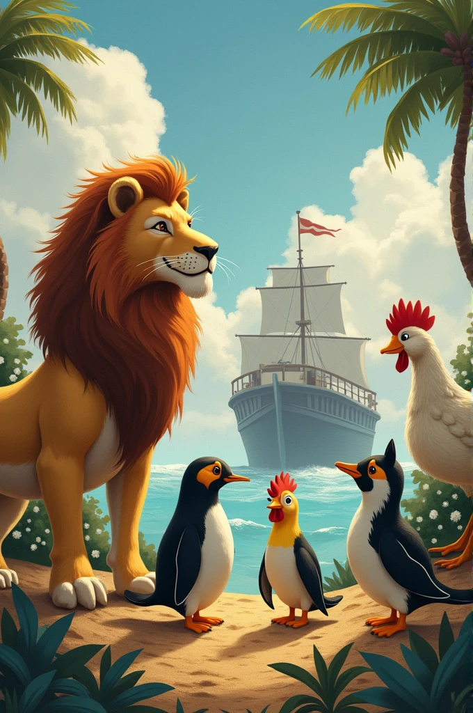 Create a drawing with a lion, penguin, catboy, galinha, duck with Noah&#39;s ark in the background 
