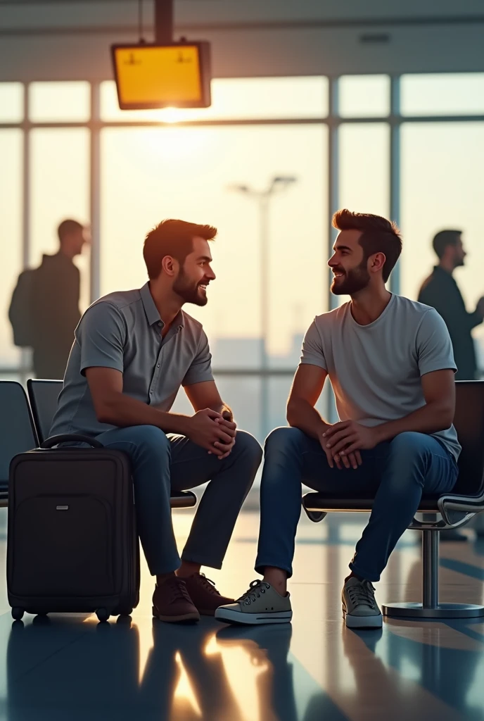 Two male friends waiting at an airport
