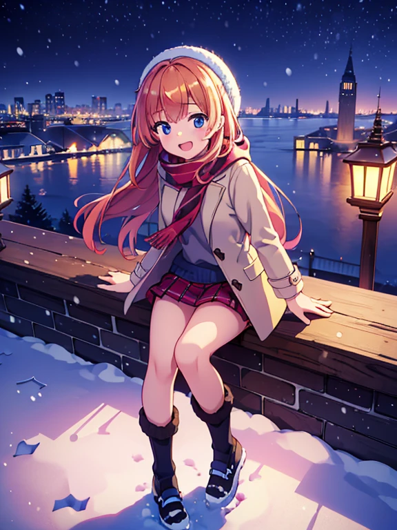 (best Quality), (masterpiece), (super high resolution), full body, teenage girl, big smile, strawberry blonde, long, mini skirt, knee high socks, duffle coat, winter scarf, city, winter, ((snowing)), (decorated illuminations), ((night view))