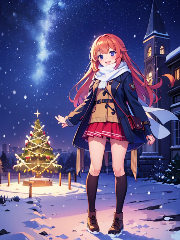 (best Quality), (masterpiece), (super high resolution), full body, age girl, big smile, strawberry blonde, long, mini skirt, knee high socks, duffle coat, winter scarf, city, winter, ((snowing)), (decorated illuminations), ((night view))