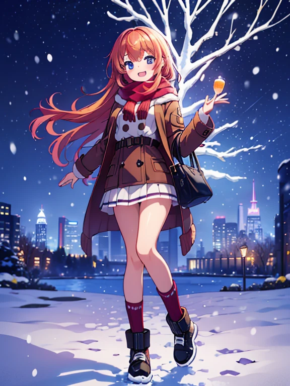 (best Quality), (masterpiece), (super high resolution), full body, teenage girl, big smile, strawberry blonde, long, mini skirt, knee high socks, duffle coat, winter scarf, city, winter, ((snowing)), (decorated illuminations), ((night view))