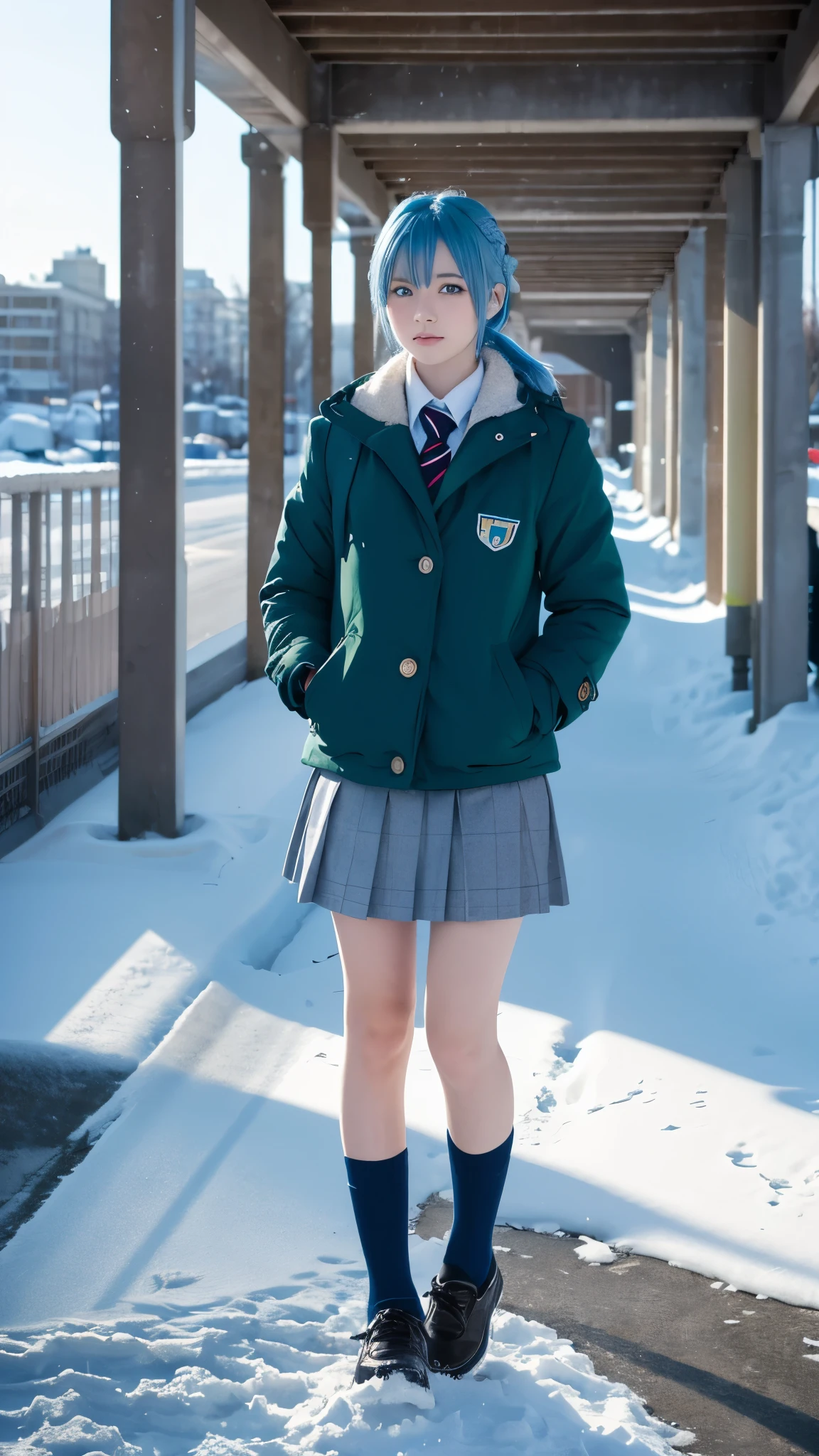 Highest quality,Ultra-high resolution,One person,alone,whole body,snow,city,, Blue Hair,Green Eyes,ＪＫ,school uniform,
