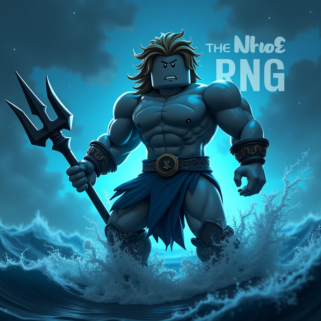 Posidon with his trident fighting a strom at night as a roblox character and hide his nipples ( add text saying “gods of rng” in the background and make it big)