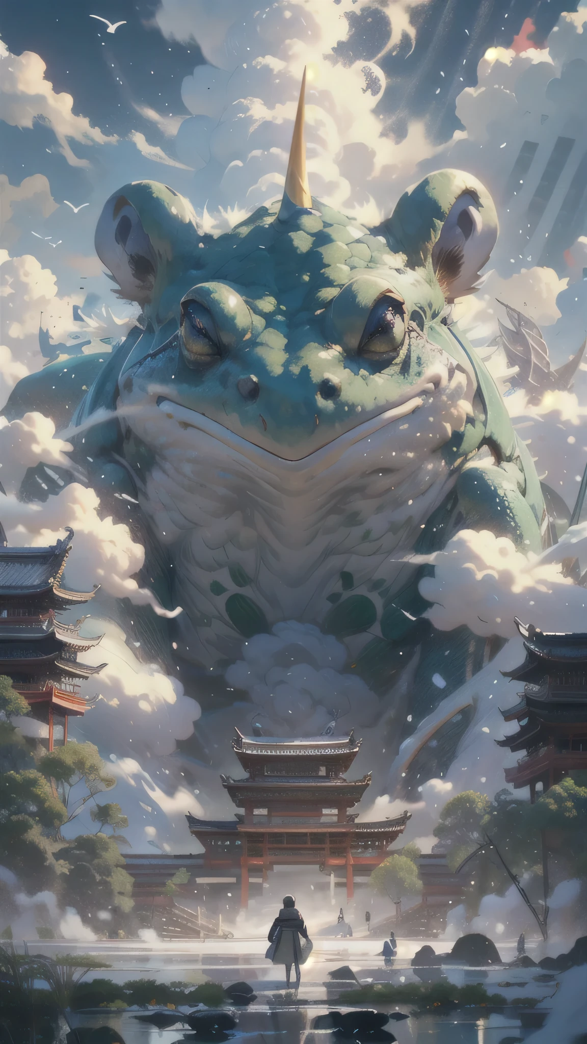 BJ_Sacgreen_bEast,green_eye,Outdoor,Horn,null,cloud,no_human,bird,cloudy_null,scenery,stage,Fantasy,frog,architecture,East_Asian_architecture,Eastern_frog,Cinema Lighting,Strong contrast,High level of detail,Highest quality,masterpiece,