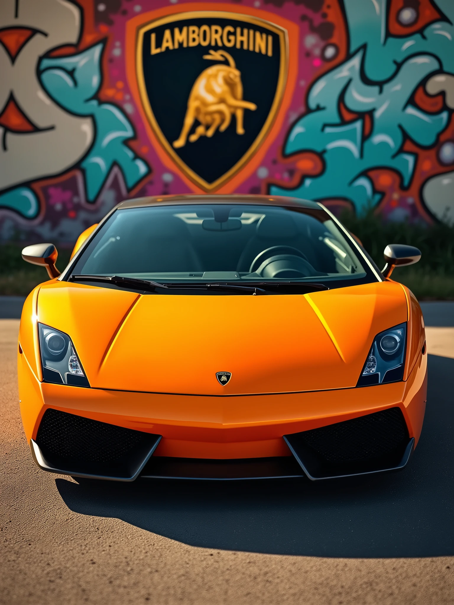 A captivating cinematic portrait photograph of an orange Lamborghini Gallardo, showcasing its sleek lines and glossy exterior. The car is elegantly parked near a vibrant, graffiti-covered wall that artfully merges the Lamborghini emblem with typography elements, displaying the artist's creative passion. The warm golden sunlight casts dramatic shadows, emphasizing the car's sleek black interior, which contrasts with its exterior. The composition masterfully unites automotive perfection with urban art, providing an immersive visual experience that highlights the dedication behind the care of this automobile masterpiece., graffiti, photo, graffiti, cinematic, typography, portrait photography, poster