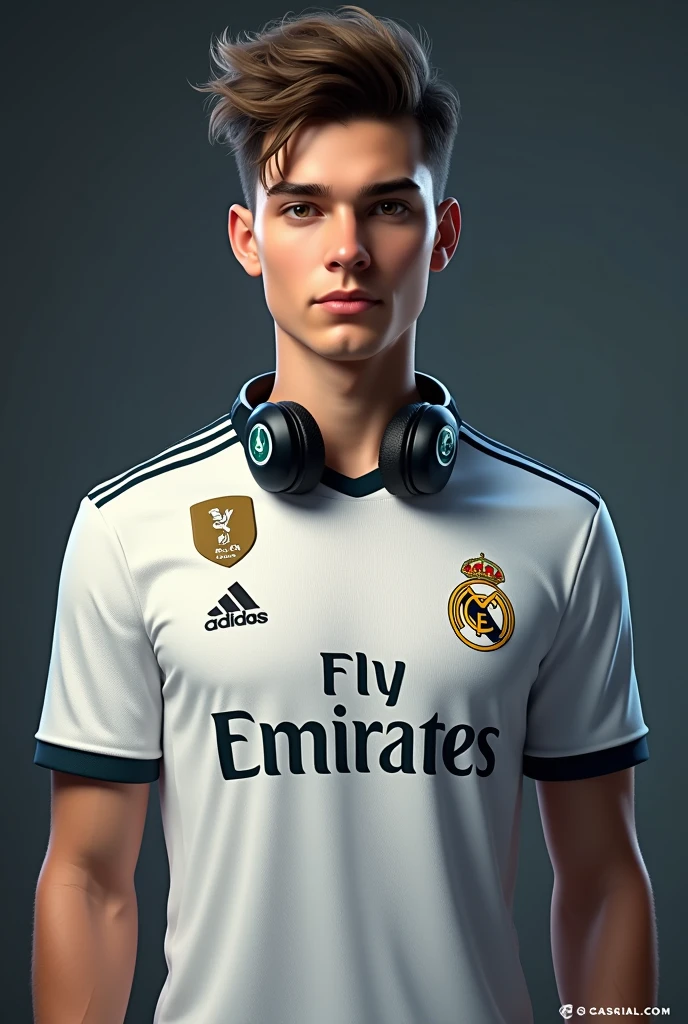 Young man with hairstyle wearing a Real Madrid shirt and headphones