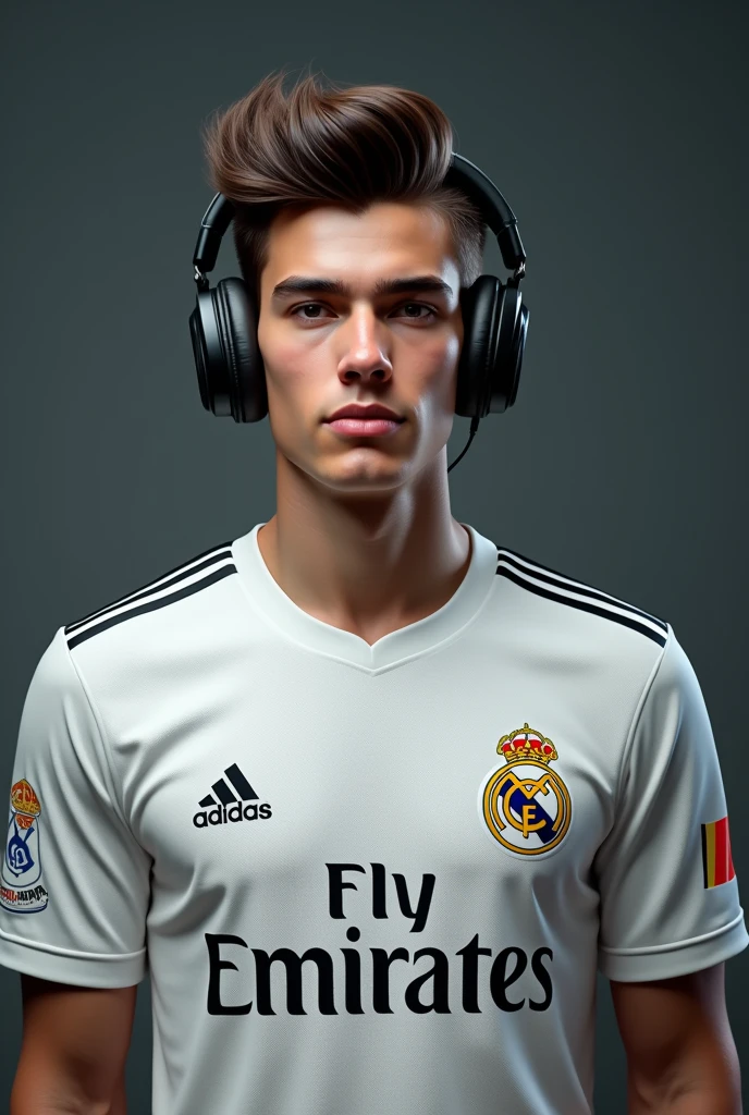  Young man with hairstyle wearing a Real Madrid shirt and headphones 