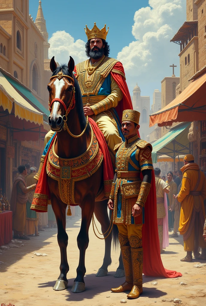 A Persian king riding a horse, in front of the horse a Persian officer holding the horse and in the background a Persian market