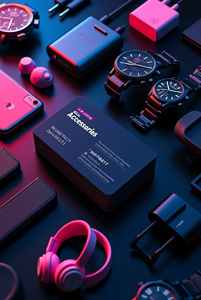 I am interested in creating a card for my business. It is called All Accessories and we sell chargers.,cell phones, earphones. WATCHES, etc. I would like it to have a black background and fuchsia and blue as secondary colors, but for it to be in Spanish and have this phone number 3007609617