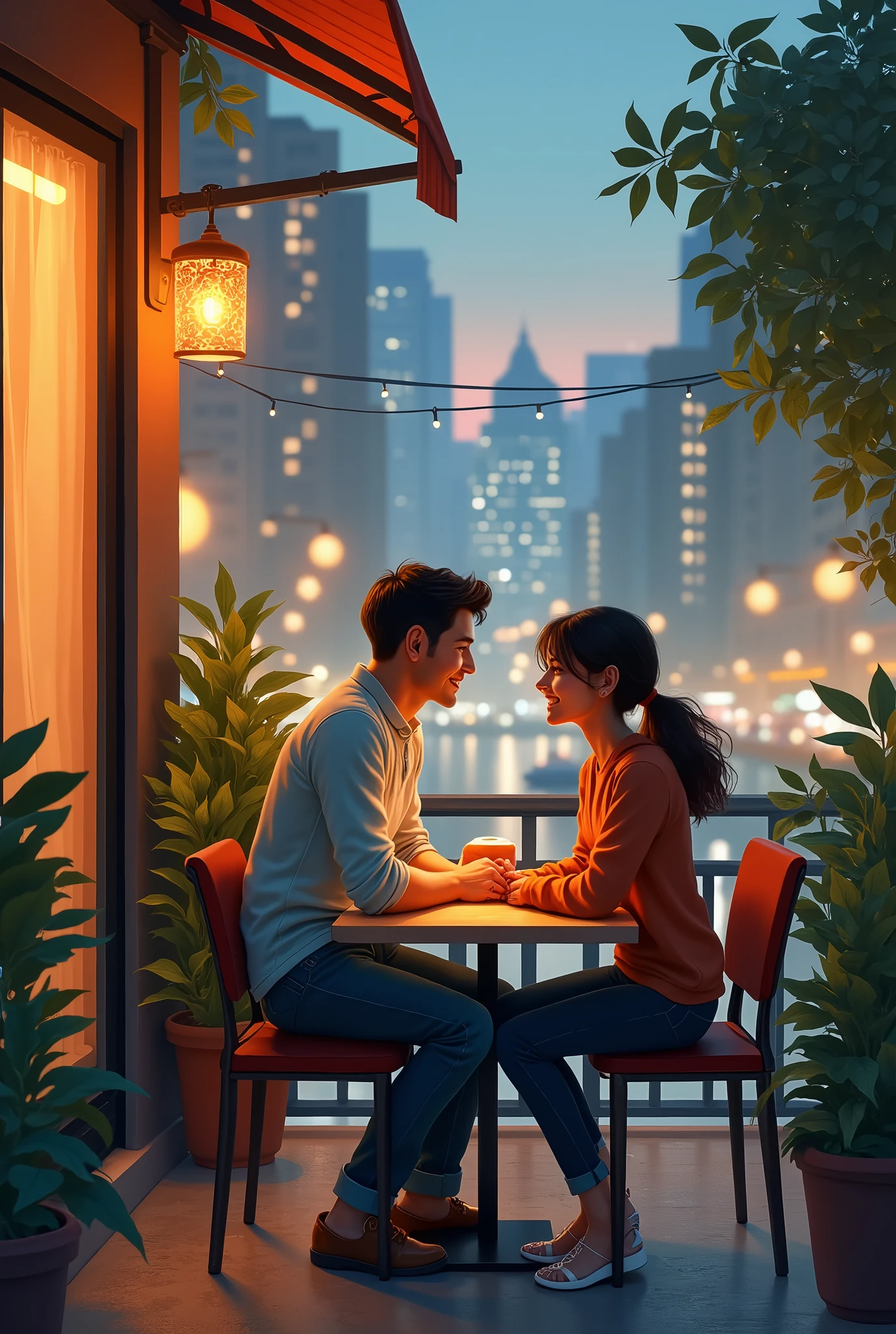 A city café terrace, a couple cuddling, looking at each other and smiling, a soft impression, a happy scene,