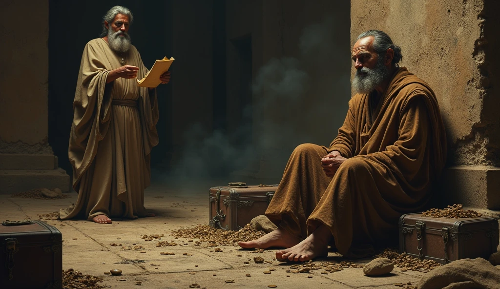 Create a hyper-realistic and mysterious image of a weathered-looking man sitting amid the remains of a lost fortune, with empty treasure chests and coins scattered across the floor. From a distance, Solomon observes, with a look of understanding, holding an open scroll on which is written a teaching about the importance of wisdom. The scenery should be bleak, with soft, golden lighting that focuses on Solomon and the scroll, leaving man and treasures in deeper shadow. The scene should capture the essence of that without wisdom, even great fortunes can be lost, while knowledge is the true path to lasting success.