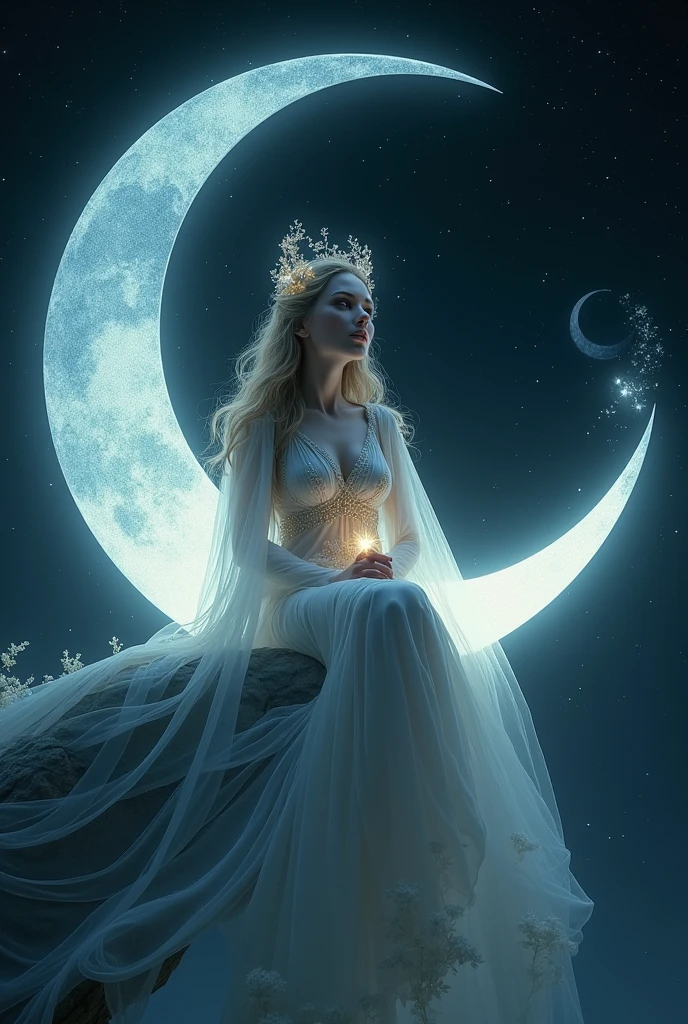 moon queen singing to a crescent moon, sitting on a crescent moon, 8k resolution