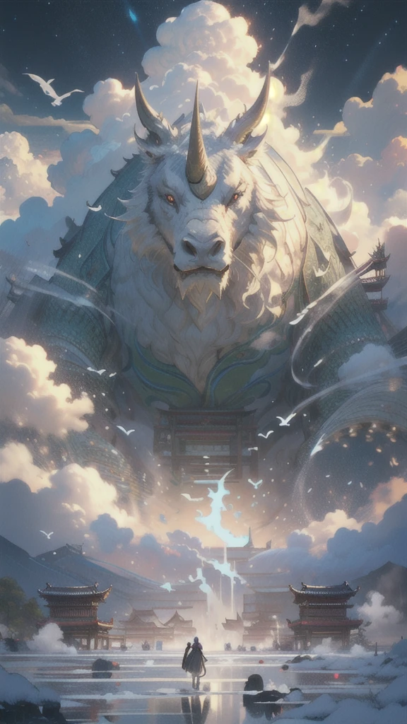 BJ_Sacgreen_bEast,green_eye,Outdoor,Horn,null,cloud,no_human,bird,cloudy_null,scenery,stage,Fantasy,Giant,architecture,East_Asian_architecture,Eastern_Giant,Cinema Lighting,Strong contrast,High level of detail,Highest quality,masterpiece,