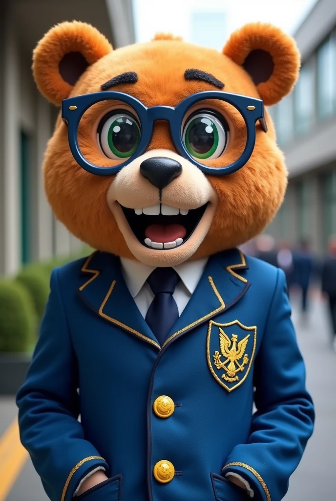 Generates an image of a person dressed as a spectacled bear as the mascot of the JUNIN high-performance school With the blue blazer representative of the COAR JUNIN Realistic as if a person were wearing the costume with the biggest head 