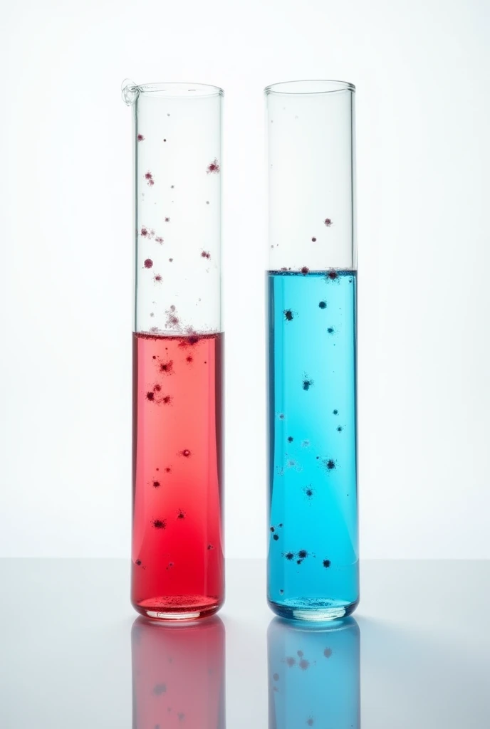 2 test tubes, one red and one blue, on a white background with nothing else and that have particles in the liquids

