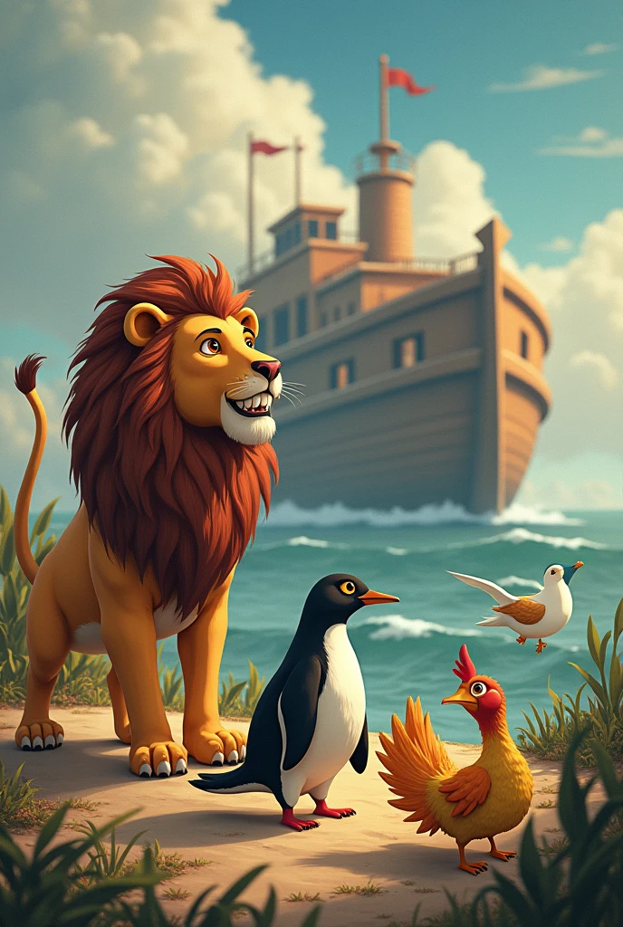 Create a drawing with a lion, penguin, catboy, galinha, duck with Noah's ark in the background