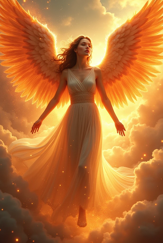 A drawing of a beautiful angel with firey wings