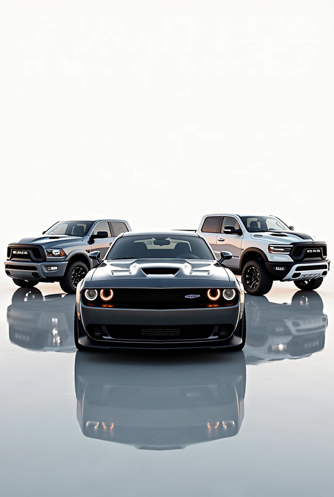 Create a frame with some cars coming out from each edge of the dodge challenger sheet, Ford raptor, ram trx on each side of the blade 