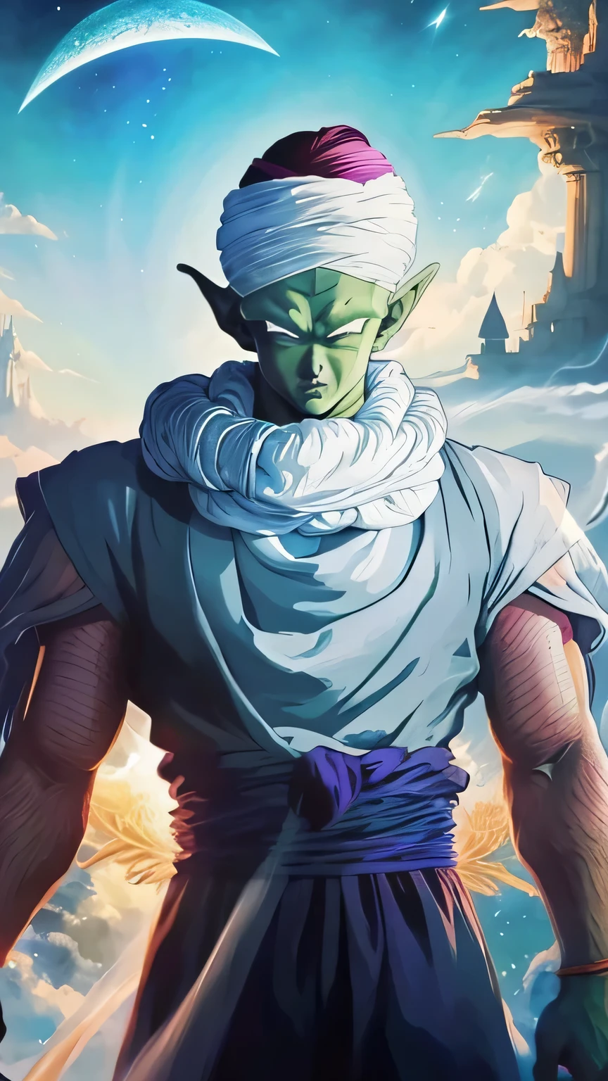 ethereal fantasy concept art of piccolo, white turban, detailed eyes. magnificent, celestial, ethereal, painterly, epic, majestic, magical, fantasy art, cover art, dreamy