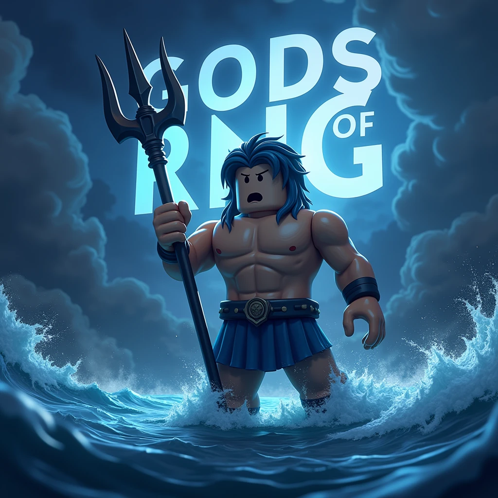 Poseidon with his trident fighting a strom at night as a roblox character and hide his nipples ( add text saying “gods of RNG” in the background and make it big)