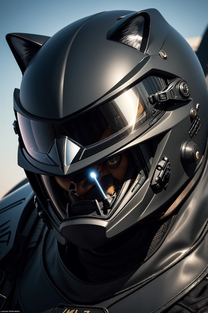 Actual black jaguar cat, open face jet fighter pilot helmet, furry muzzle sticking out of helmet, goofy cat smile, jet cockpit, photo-realistic, octane render, highly detailed, cinematic lighting, dramatic angles, striking colors, powerful predator, intense gaze, dynamic pose, hyperrealistic, award-winning photography, National Geographic style