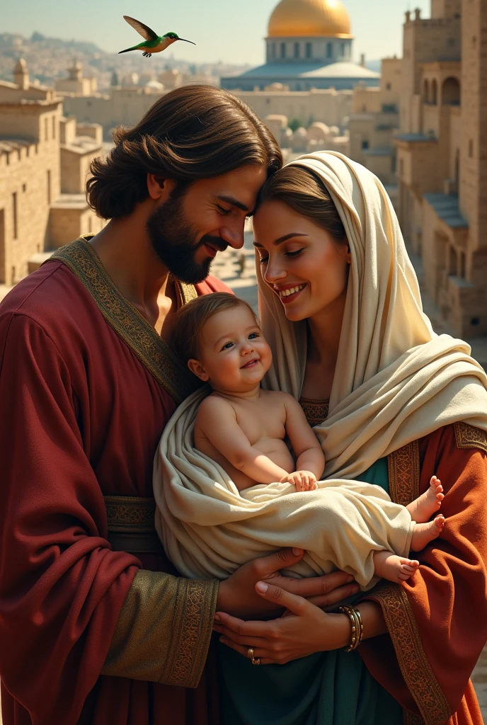 ((best quality)), ((masterpiece)), (detailed), selfie of the holy family, in ancient jerusalem with a hummingbird