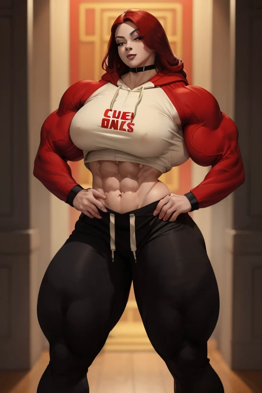 (((Close-up))), tall, (red hair) beautiful muscular asian woman, long hair, pale white skinned, large breast, closed smile, (black lipstick), (massive muscles), (hyper muscle), ((ginormous bulky muscles)), yellow eyes, ((((red long sleeve hoodie)))), (((jogging pants))), choker, sneakers, (in a night town), 