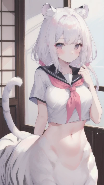 (best quality, masterpiece), 1 girl, centaur, I beg, White skin, Japanese schoolgirl,daughter,black pink, exposing the abdomen, belly button t-shirt , beautiful girl perfect, White tiger photo, 완벽한 White tiger photo