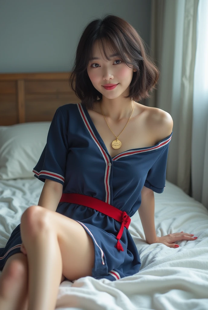 Realistic photo, 25 year old Japanese woman, olhos azuis claros, sorrindo, vestida com vestido de uniformemarinheira, azul marinho com cinto vermelho, com meias fina branco com sandalhas vermelhas, cabelos lisos curtos medios preto com franja, usando uma medalha de ouro com o pigente com nome Hanna, Lie on the bed with your legs spread, Detailed face and body, Natural light, High resolution, photoRealistic, (Highest quality,8k,High resolution,masterpiece:1.2),Very detailed,(Realistic,photoRealistic,photo-Realistic:1.37),Realistic skin texture,blue clear eyes, Fine eyes and lips,Beautifully detailed face,Long eyelashes,Smooth Skin,Natural body shape