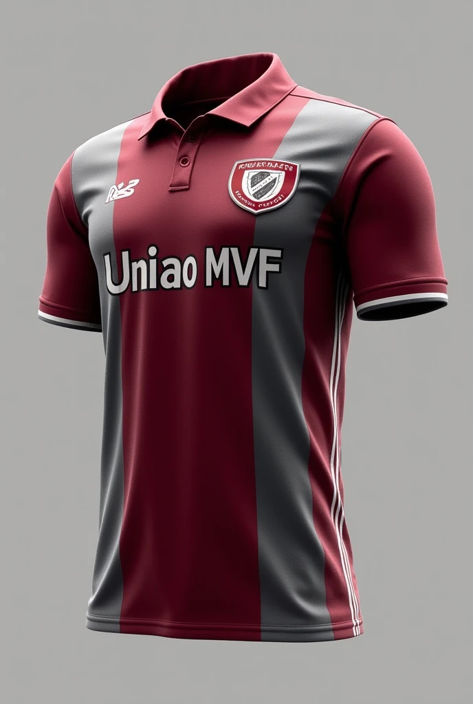 Create a River Plate team shirt with wine and gray colors and with the name Uniao Mvf and the shield written mvf on the front and back 3D image