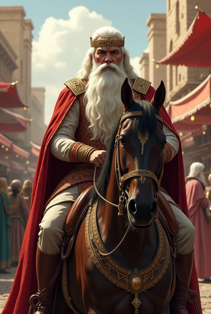 A white-bearded Persian king riding a horse, in front of the horse a white-bearded Persian officer holding the horse, and in the background a Persian market.