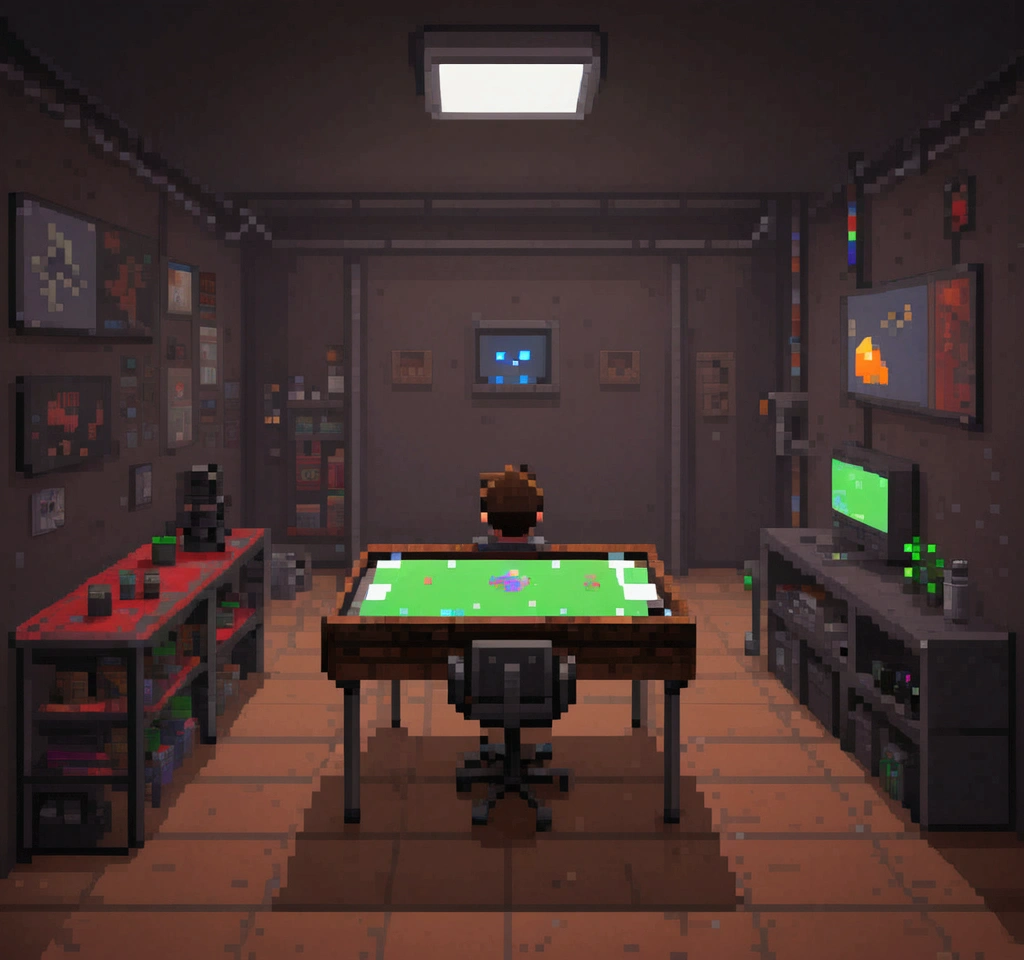 dark pixel art style gamer room, first person boy with hands on table, good details,